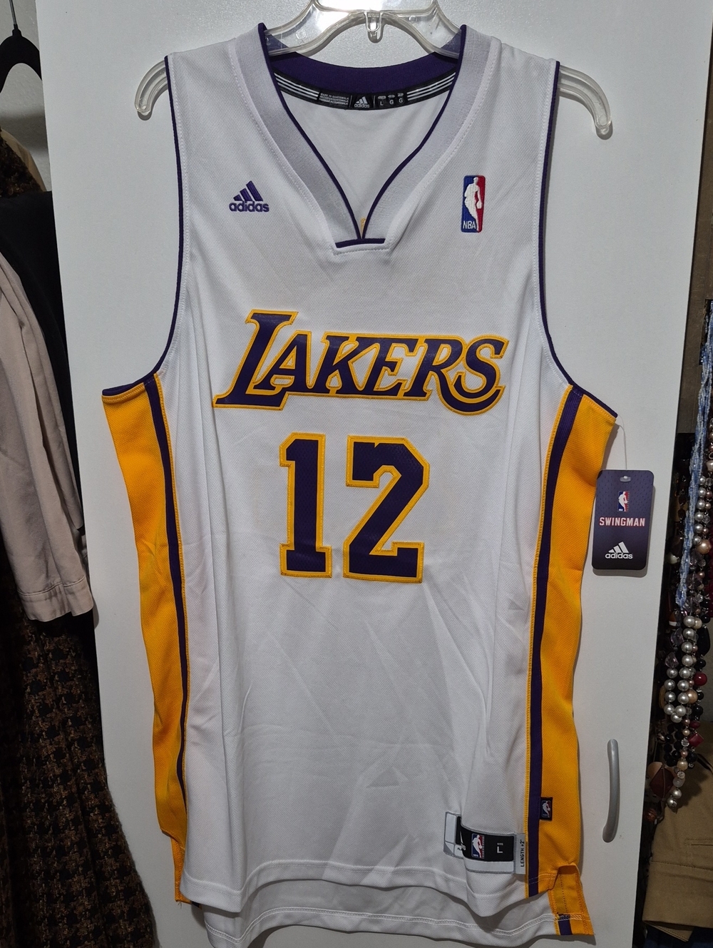 adidas White Los Angeles Lakers #12 Jersey with Purple & Gold Trim Sz L